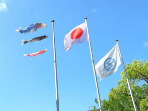市役所の国旗掲揚台に掲げたこいのぼりの写真
